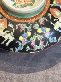A rare Chinese black-ground Bencharong 'Thepphanom' bowl and cover for the Thai market, He Yaoji 何耀記 mark, 19th C.