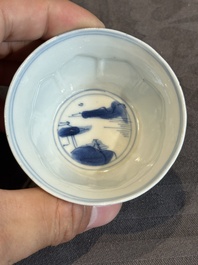 Four Chinese blue and white 'landscape' cups and saucers, Kangxi