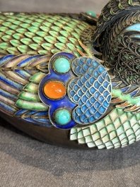A Chinese precious stone inset, enamelled and filigree silver mandarin duck-form box and cover, 19/20th C.