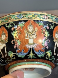 A rare Chinese black-ground Bencharong 'Thepphanom' bowl and cover for the Thai market, He Yaoji 何耀記 mark, 19th C.