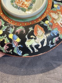 A rare Chinese black-ground Bencharong 'Thepphanom' bowl and cover for the Thai market, He Yaoji 何耀記 mark, 19th C.