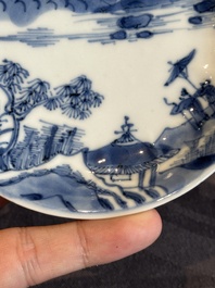 Four Chinese blue and white 'landscape' cups and saucers, Kangxi