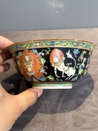 A rare Chinese black-ground Bencharong 'Thepphanom' bowl and cover for the Thai market, He Yaoji 何耀記 mark, 19th C.