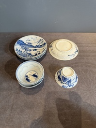 Four Chinese blue and white 'landscape' cups and saucers, Kangxi