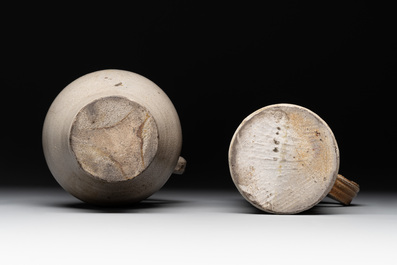 Two stoneware jugs with pewter lids, one with a coat of arms and dated 1636, Germany, 17th C.