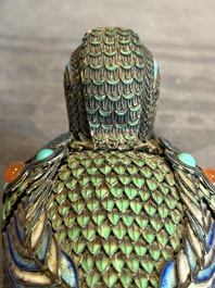 A Chinese precious stone inset, enamelled and filigree silver mandarin duck-form box and cover, 19/20th C.