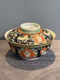 A rare Chinese black-ground Bencharong 'Thepphanom' bowl and cover for the Thai market, He Yaoji 何耀記 mark, 19th C.