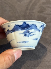 Four Chinese blue and white 'landscape' cups and saucers, Kangxi