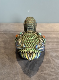 A Chinese precious stone inset, enamelled and filigree silver mandarin duck-form box and cover, 19/20th C.