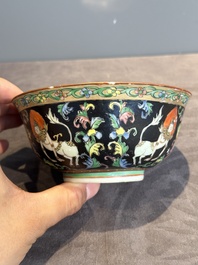 A rare Chinese black-ground Bencharong 'Thepphanom' bowl and cover for the Thai market, He Yaoji 何耀記 mark, 19th C.