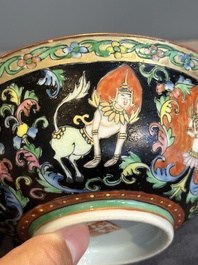 A rare Chinese black-ground Bencharong 'Thepphanom' bowl and cover for the Thai market, He Yaoji 何耀記 mark, 19th C.