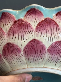 A Chinese famille rose 'lotus' bowl with turtle-shaped flower holder, Qianlong mark and of the period
