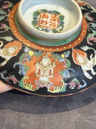A rare Chinese black-ground Bencharong 'Thepphanom' bowl and cover for the Thai market, He Yaoji 何耀記 mark, 19th C.