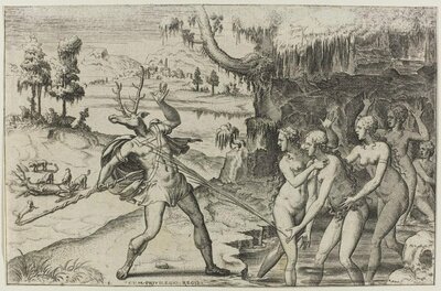 An Italian maiolica istoriato dish with Diana and Actaeon, Urbino, ca. 1550