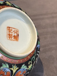 A rare Chinese black-ground Bencharong 'Thepphanom' bowl and cover for the Thai market, He Yaoji 何耀記 mark, 19th C.