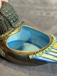 A Chinese precious stone inset, enamelled and filigree silver mandarin duck-form box and cover, 19/20th C.