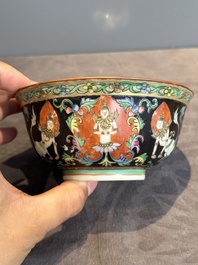 A rare Chinese black-ground Bencharong 'Thepphanom' bowl and cover for the Thai market, He Yaoji 何耀記 mark, 19th C.