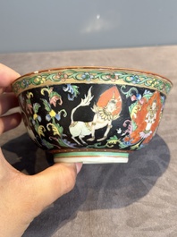 A rare Chinese black-ground Bencharong 'Thepphanom' bowl and cover for the Thai market, He Yaoji 何耀記 mark, 19th C.