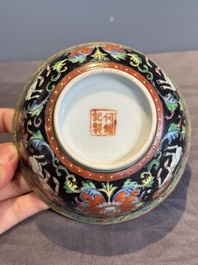 A rare Chinese black-ground Bencharong 'Thepphanom' bowl and cover for the Thai market, He Yaoji 何耀記 mark, 19th C.