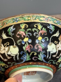A rare Chinese black-ground Bencharong 'Thepphanom' bowl and cover for the Thai market, He Yaoji 何耀記 mark, 19th C.