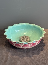 A Chinese famille rose 'lotus' bowl with turtle-shaped flower holder, Qianlong mark and of the period