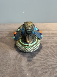 A Chinese precious stone inset, enamelled and filigree silver mandarin duck-form box and cover, 19/20th C.