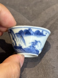 Seven Chinese blue, white and famille rose cups, six saucers and two English-decorated jarlets, Kangxi/Yongzheng
