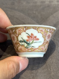 Seven Chinese blue, white and famille rose cups, six saucers and two English-decorated jarlets, Kangxi/Yongzheng