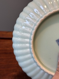 A Chinese celadon-glazed chrysanthemum-shaped plate, Qianlong mark, 20th C.