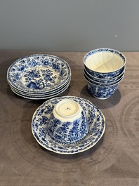 Five Chinese blue and white cups and saucers with floral design, Yu 玉 mark, Kangxi
