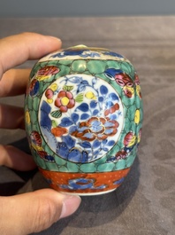 Seven Chinese blue, white and famille rose cups, six saucers and two English-decorated jarlets, Kangxi/Yongzheng