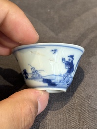 Seven Chinese blue, white and famille rose cups, six saucers and two English-decorated jarlets, Kangxi/Yongzheng