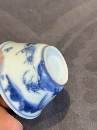 Seven Chinese blue, white and famille rose cups, six saucers and two English-decorated jarlets, Kangxi/Yongzheng