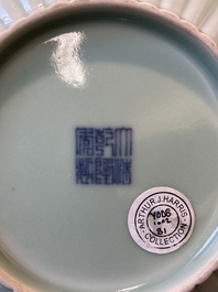 A Chinese celadon-glazed chrysanthemum-shaped plate, Qianlong mark, 20th C.
