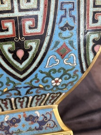 A Chinese cloisonn&eacute; square archaic-style vase, Qianlong and Ren mark, 19/20th C.