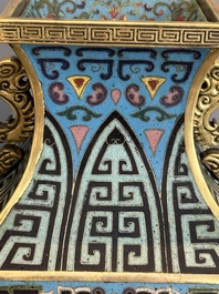 A Chinese cloisonn&eacute; square archaic-style vase, Qianlong and Ren mark, 19/20th C.