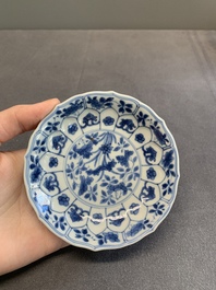 Twelve Chinese blue and white saucers and eight cups, Kangxi/Yongzheng