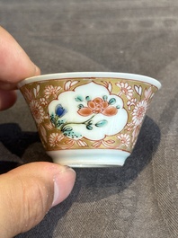 Seven Chinese blue, white and famille rose cups, six saucers and two English-decorated jarlets, Kangxi/Yongzheng