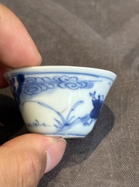 Seven Chinese blue, white and famille rose cups, six saucers and two English-decorated jarlets, Kangxi/Yongzheng