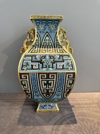 A Chinese cloisonn&eacute; square archaic-style vase, Qianlong and Ren mark, 19/20th C.