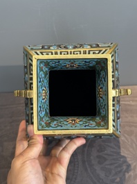 A Chinese cloisonn&eacute; square archaic-style vase, Qianlong and Ren mark, 19/20th C.