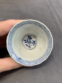Twelve Chinese blue and white saucers and eight cups, Kangxi/Yongzheng