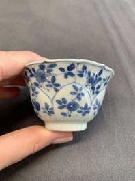 Twelve Chinese blue and white saucers and eight cups, Kangxi/Yongzheng