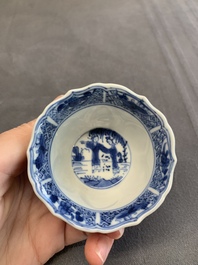Twelve Chinese blue and white saucers and eight cups, Kangxi/Yongzheng