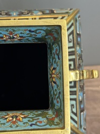 A Chinese cloisonn&eacute; square archaic-style vase, Qianlong and Ren mark, 19/20th C.
