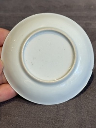 Seven Chinese blue, white and famille rose cups, six saucers and two English-decorated jarlets, Kangxi/Yongzheng