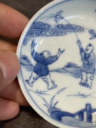 Seven Chinese blue, white and famille rose cups, six saucers and two English-decorated jarlets, Kangxi/Yongzheng