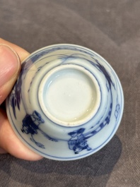 Seven Chinese blue, white and famille rose cups, six saucers and two English-decorated jarlets, Kangxi/Yongzheng