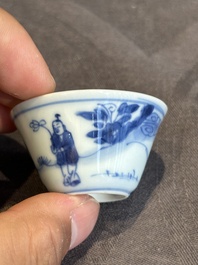 Seven Chinese blue, white and famille rose cups, six saucers and two English-decorated jarlets, Kangxi/Yongzheng