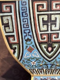A Chinese cloisonn&eacute; square archaic-style vase, Qianlong and Ren mark, 19/20th C.